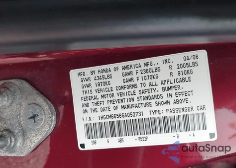 2006 Honda Accord 3.0 Ex z USA, uszkodzony, nr VIN 1HGCM66566A052731